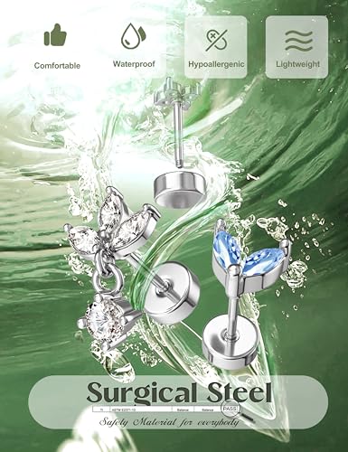 ORAZIO 16 Gauge Cartilage Earrings for Women Flat Back Hypoallergenic Surgical Steel Small Flatback Stud Hoop Cartilage Earring Stack Set Daith Conch Tragus Helix Piercing Jewelry Single PC - color: Silver Plated+Blue CZ