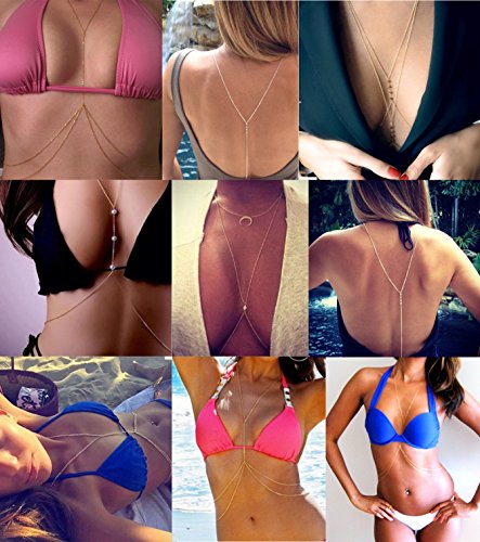 Tornito 4-8Pcs Sexy Body Chain Belly Waist Chain Necklace Summer Beach Bikini Bra Body Jewelry for Women Gold Tone - style: B1:6pcs, Gold Tone