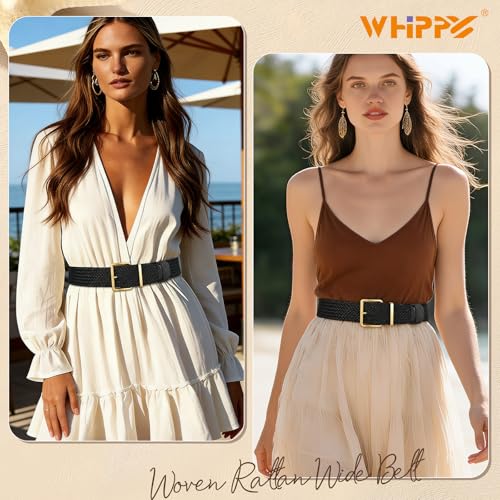 WHIPPY Women Wide Woven Belt Fashion Boho Rattan Braided Belt with Gold Buckle Raffia Straw Woven Waistband for Dresses - color: Black, size: Fit Waist Size 35"-39"