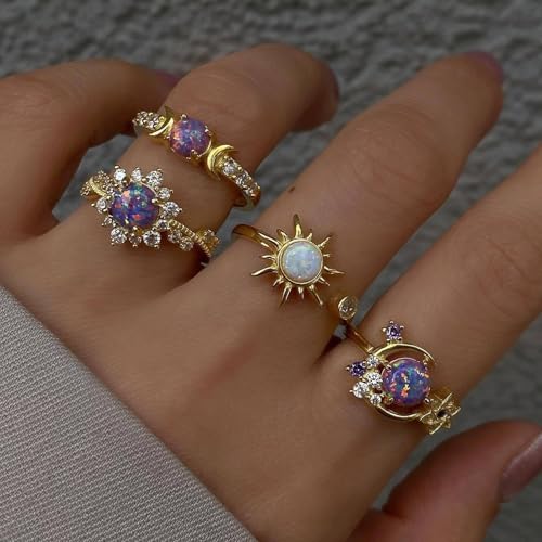 Gold Rings for Women Non Tarnish Stackable Rhinestone Moon Star Rings Dainty Stacking Pearl Butterfly Midi Pinky Thumb Joint Finger Knuckle Ring Set Gold Non Tarnish Jewelry Gifts Trendy Stuff - color: U Gold Moon Sun Rings 4Pcs