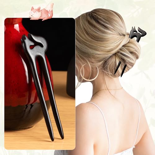 2pcs U Shaped Hair Pins Fox Hair Stick Vintage Hairpin Wooden Hair Fork French Hair Pins for Buns Fox Hairpin Hair Accessories for Women Girls