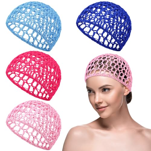 Geyoga 4 Pieces Mesh Crochet Hair Net Rayon Knit Snood Hat Thick Short Women Hairnet Snoods Cover Ornament for Sleeping (Royal Blue, Sky Blue, Rose Red,Pink) - color: Royal Blue, Sky Blue, Rose Red ,Pink