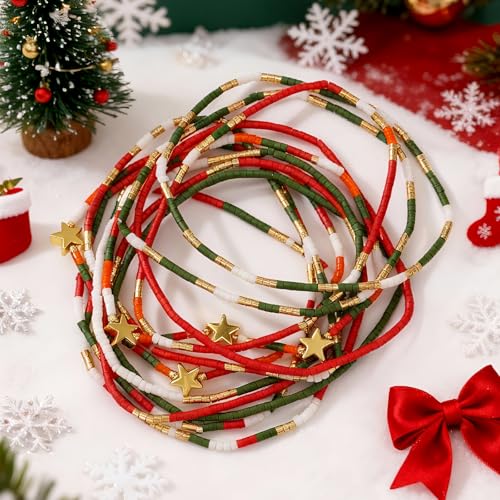 Dainty Gold Beaded Star Bracelets Stack for Women,Handmade Boho Colorful Beads Bracelet Fashion Prom Holiday Jewelry Gift Friendship Family - color: Christmas