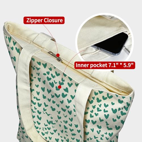 itgowisa Canvas Tote Bag for Women, Tote Bag with Zipper Inner Pocket, Zippered Canvas Bag for Shopping Work Grocery Everyday - style: Heart