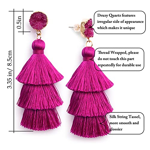Me&Hz Colorful Layered Tassel Earrings Bohemian Statement Tiered Tassel Big Dangle Drop Earrings for Women Druzy Studs Valentine’s Day Gift - color: Magenta