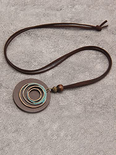 GelConnie Leather Cord Necklace Chain Multilayer Wooden Pendant Necklaces Vintage Jewelry Boho Long Sweater Necklace for Women Men - color: Circle Brown Leather Necklace