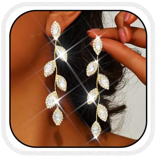 Catery Crystal Wedding Earrings Rhinestones Dangling Earrings Leaf Bridal Ear Jewelry for Brides and Women - color: Gold
