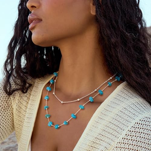 Created Turquoise Necklace for Women 14K Gold Plated Beaded Heart Choker Boho Necklaces Handmade Beach Summer Everyday Western Jewelry Gifts - color: Silver Chain, style: Irregular