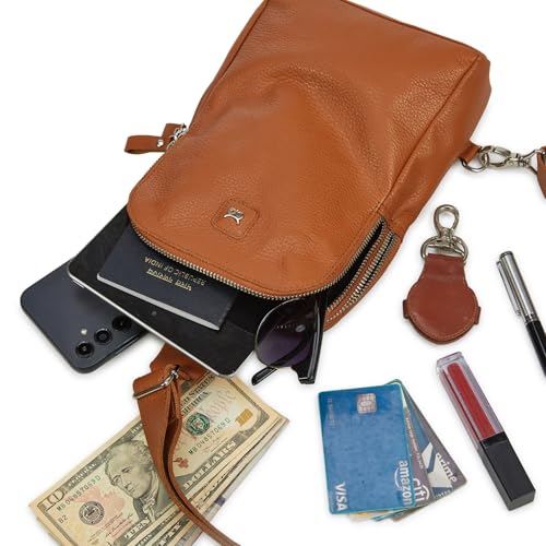 Leather Sling Bag for Women Genuine Crossbody Purse Small Trendy Cross Over Chest with Phone and Credit Card Slots (Cognac Nappa) - color: Cognac Nappa