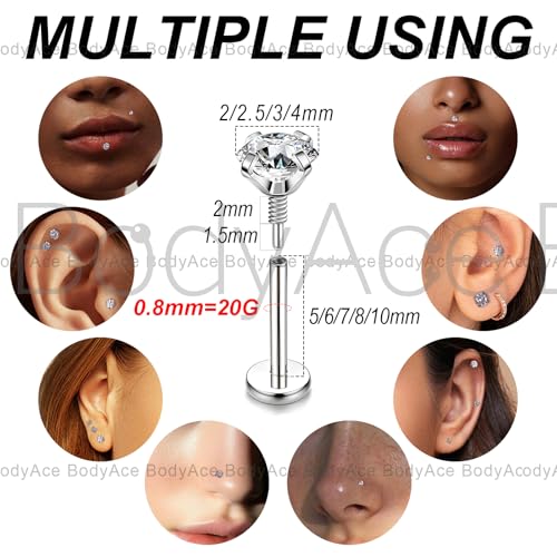 20G Internal Thread Cartilage Earrings Studs Surgical Steel Nose Rings Flat Back Stud Piercing Jewelry for Tragus/Helix/Conch/Medusa/Lip/Labret - color: BL:6mm;CZ:2mm