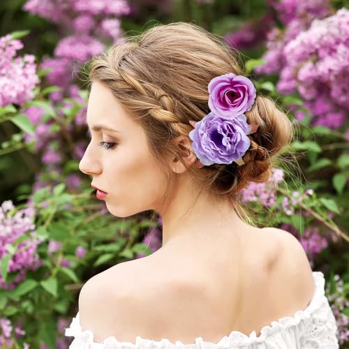 BBTO 21 Pcs Flower Hair Clip Rose Hair Clips Barrettes for Women Flower Accessories Boho Bride Claw Clip Hairpin Brooch Pin Headpiece for Wedding (Purple Series) - color: Purple Series