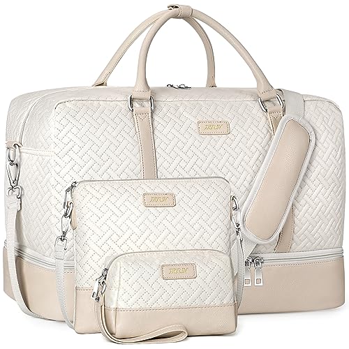 IBFUN Weekender Bags for Women, 21" Weekender Travel Bag, Travel Duffle Bag with Shoe Compartment Carry on Overnight Duffel Bag for Weekend Travel Business Trip, 3PCS - color: A7-Beige