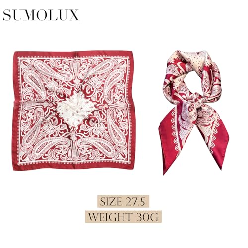 Sumolux Head Hair Scarf for Women Like Satin Silk Scarf Bandana Hair Wrapping Night Large Square Scarves 27.5" - color: Wine Red Cashew Nuts