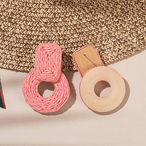 Statement Raffia Earrings Cute Boho Earrings Rattan Dangle Earrings Handmade Straw Wrap Earrings Summer Drop Dangling Earrings for Women Teen Girls - color: Coral