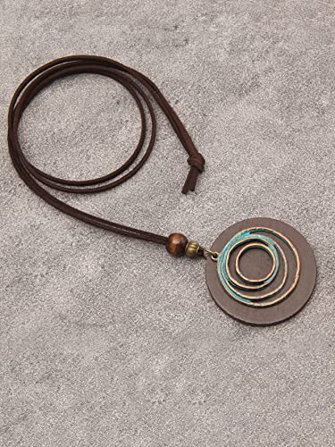 GelConnie Leather Cord Necklace Chain Multilayer Wooden Pendant Necklaces Vintage Jewelry Boho Long Sweater Necklace for Women Men - color: Circle Brown Leather Necklace