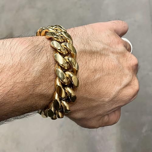 CG&KYGG 12MM 14K Gold Plated Cuban Link Bracelet for Men, Chunky 316L Stainless Steel Chain Necklace for Women, Gift for Birthday & Holiday(Delicate Package, Double Safety Clasp with 14K Stamp) - style: 18mm 14k gold bracelet