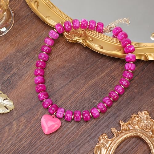 Chunky Colorful Beaded Statement Boho Summer Beach Chokers Necklace Heart Pendant Pink Green Yellow Brown Fashion Jewelry - color: Gold-Cranberry pink