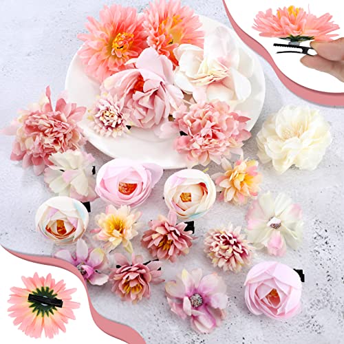 BBTO 21 Pcs Flower Hair Clip Rose Hair Clips Barrettes for Women Flower Accessories Boho Bride Claw Clip Hairpin Brooch Pin Headpiece for Wedding (Pink,White) - color: Pink, White