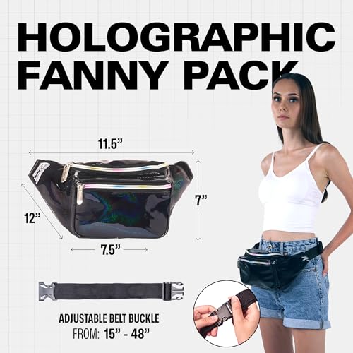 Black Holographic Fanny Pack Belt bag - Crossbody Waist Bag for Men or Women - Hands-Free, Waterproof Large Bumbag for Hiking, Running, and Travel - color: Glitter - Black