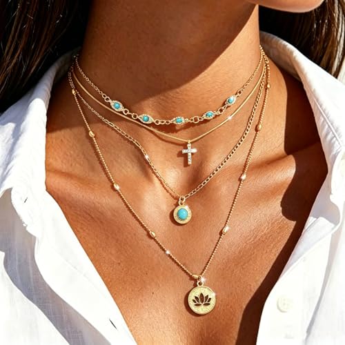 Tgirls Gold Multilayer Necklace Boho Turquoise Choker Necklaces Cross Pendant Necklace Jewelry