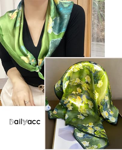 Dailyacc Hair Bandanas Scarf For Women Lightweight Fashion Neck Silk Satin Head Scarves For Sleeping Handbags Scarf - color: 23-green Flowers/27.5*27.5in