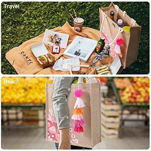 itgowisa Jute Beach Bag for Women, Burlap Beach Tote Bag with Tassel Pocket, Summer Gift for Vacation, Pool, Cruise & Grocery | Jute material - color: Pink Tassel B