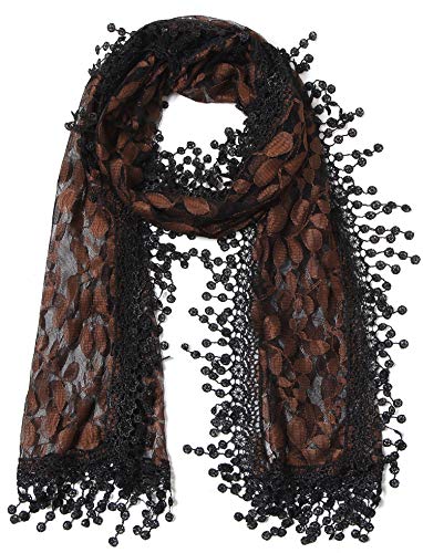 Cindy & Wendy Lightweight Soft Leaf Lace Fringe Scarf Bridal Shawl for Women - color: Gold/Black