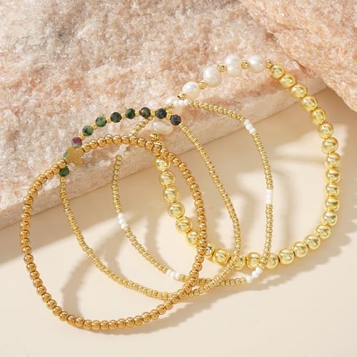 4pcs Gold Beaded Pearl Bracelets Set for Women Multi Layer Versatile Stackable Stretch Cuff Sparkly Stone Crystal Gemstone Jewelry Birthday Gifts - color: Green Agate