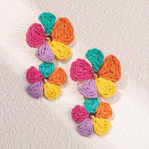 Boho Flower Earrings Statement Raffia Dangle Earrings Cute Floral Jewelry Trendy Summer Beach Vacation Outfits for Women - color: Colorful