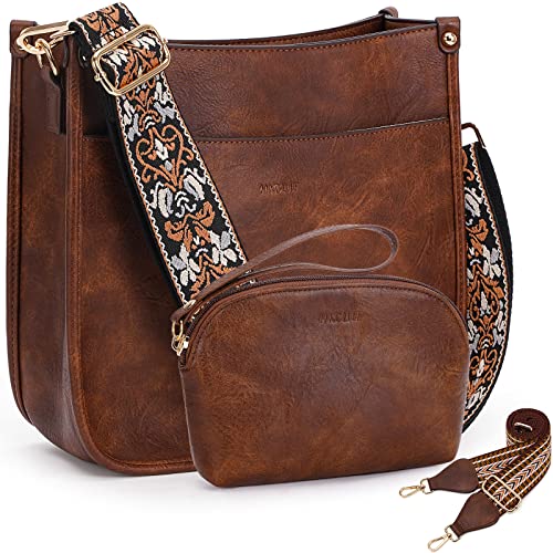 HKCLUF Crossbody Bag Purse for Women 2PCS/Set Leather Hobo Handbag Wallet Set With 2Adjustable Guitar Strap Shoulder Bag | Purse - color: A13-browncoffee
