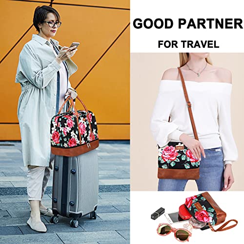 IBFUN Weekender Bags for Women, 21" Weekender Travel Bag, Travel Duffle Bag with Shoe Compartment Carry on Overnight Duffel Bag for Weekend Travel Business Trip, 3PCS - color: C1-Flower