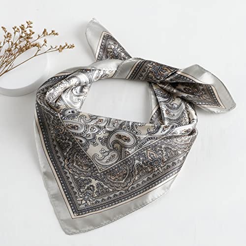 QBSM Womens 23.6 inch Satin Silk Feeling Formal Square Neck Scarf Head Hair Wraps Kerchief - color: Cashew Flowers-creamy-white