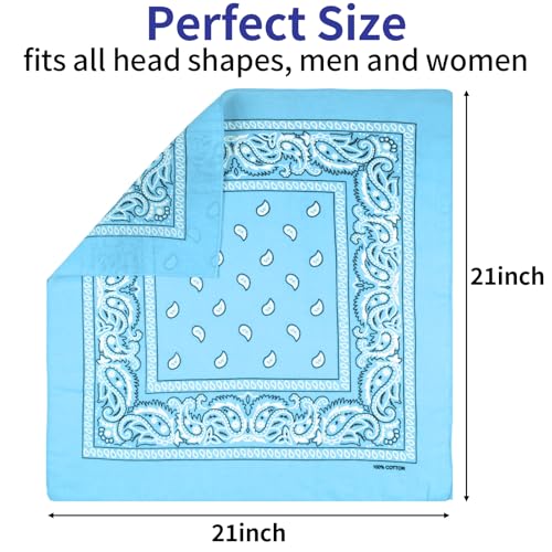 6 Pack Pure Cotton Bandana, Multi-Purpose Square Handkerchief, Face Mask headband for Men and Women - color: Light Blue