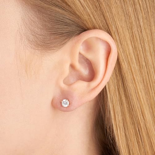 Amazon Essentials Plated Sterling Silver Cubic Zirconia Stud Earrings (Round & Princess) - color: White/Rose Gold, size: 6.5 mm, style: Round Cut