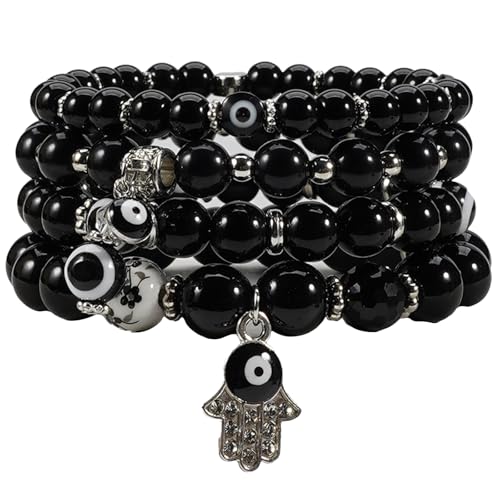 Bohemian Bracelet Sets for Women - 4-Pack Stackable Stretch Bead Bracelets with Black＆White Crystal & Gold Accessories, Multi-Layer Boho Jewelry - color: Color AA-2