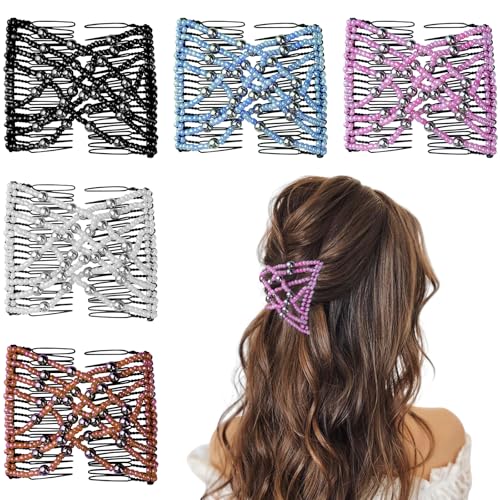 5 Pieces Stretchy Magic Comb Adjustable Elastic Hair Clip for Women Girls No Crease Pins Vintage Bun Maker Accessories for Curly Thick Wavy Hair Ponytail - color: Black,Brown,White,Blue,Pink