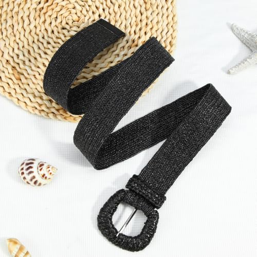 HOTWILL Women Straw Woven Belt Boho Elastic Stretch Braided Waist Belts for Summer Dresses - color: Black_d Ring Buckle