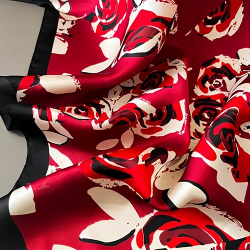 MINIDORA Satin Scarves for Women 27.5 × 27.5 inches Medium Square Elegant Silk Feeling Head Scarf - color: D005- Black and Red