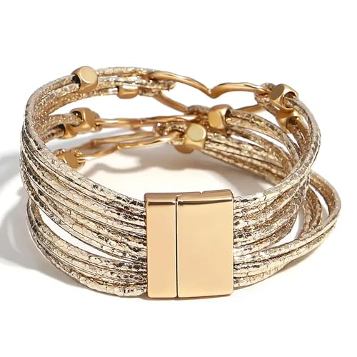 Fesciory Leather Wrap Bracelets for Women, Boho Leopard Multi-Layer Crystal Beads Cuff Bracelet Jewelry - color: Heart(Gold)