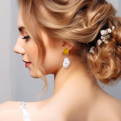 Fashion Pearl Drop Earrings for Women With Crystal - Rhinestone Statement Earrings with Pearl Dangling Studs - Large White Baroque Pearl Earrings for Bridesmaid Wedding Party Birthday Holiday - color: Yellow
