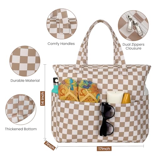 Trifabricy Beach Bags for Women Waterproof Sandproof Women Tote Bag, Large Beach Bag with Zipper for Gym Travel Vocation - color: Brown Beige Grid