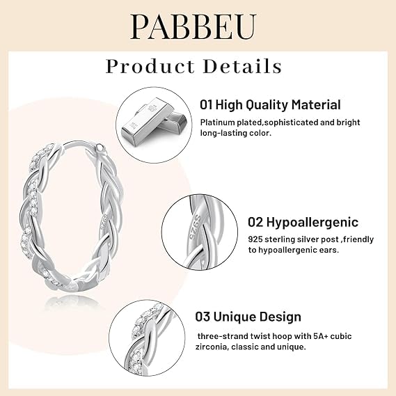 PABBEU Sterling Silver Hoop Earrings,Hypoallergenic Twisted Silver Hoops Earrings for Women Lightweight SilverHoop Earring with Cubic Zirconia (15/20/25/30MM) - color: 30mm Silver
