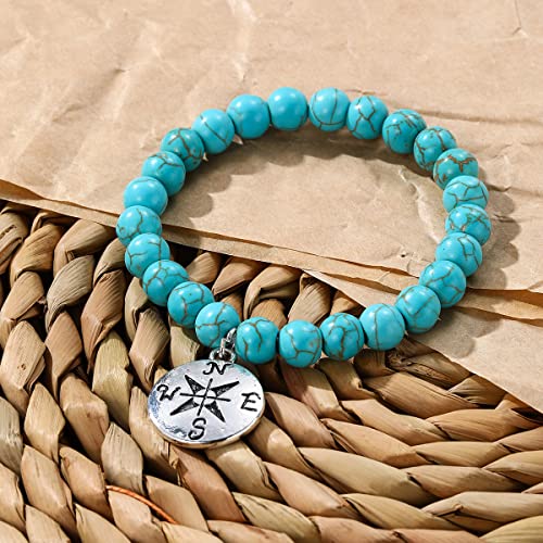 Turquoise Bracelet for Women, 8mm Beaded Stretchable Unisex Bracelet, Boho Turquoise Bead Bracelet Stone Beaded Bracelets Turquoise Jewelry for Women - color: Compass
