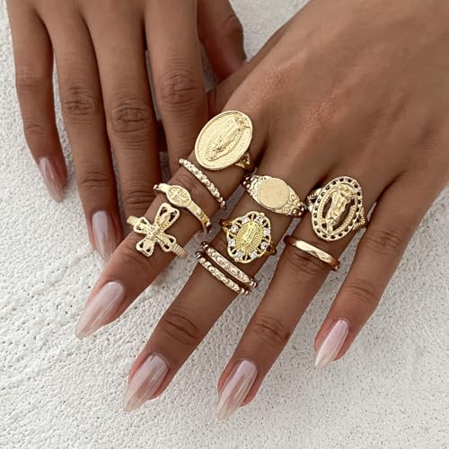 10Pcs Retro Gold Stackable Rings Sets for Women Trendy Vintage Cross Rings Pack Chunky Knuckle Finger Ring Minimalist Statement Jewelry - color: Gold