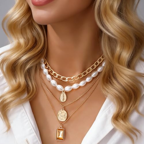 FAXHION 68 Pcs Gold Jewelry Set for Women with 7 Necklace, 17 Bracelet, 5 Hoop Earrings, 15 Stud Earrings, 24 Knuckle Rings for Women Jewelry Set for Women Gift - color: gold hoops set