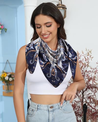 AWAYTR 35” Satin Head Scarf for Women Like Silk Scarf for Hair Scarf Satin Hair Bandana Women Headscarf Hair Wrap Scarf Neck - color: Navy Blue