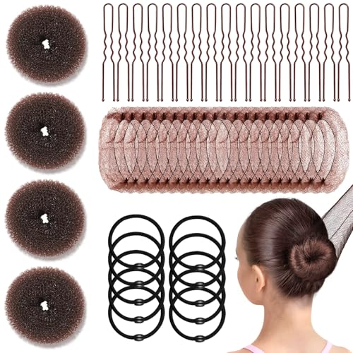 YINGFENG 134 Pcs Brown Hair Bun Maker Kit for Kids Small - 4 Hair Donuts for Buns, 20 Hair Nets for Buns, 100 U Shaped Bobby Pins, 10 Hair Bands, for Girls, Ballet Dance, Hair Accessories for Women - color: brown, size: Small