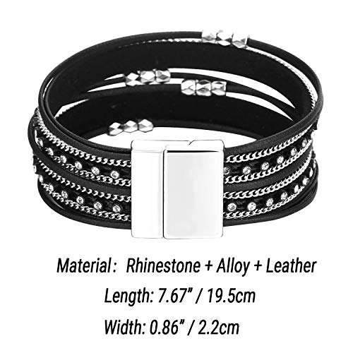 Fesciory Leather Wrap Bracelets for Women, Boho Leopard Multi-Layer Crystal Beads Cuff Bracelet Jewelry - color: B28:Short Black