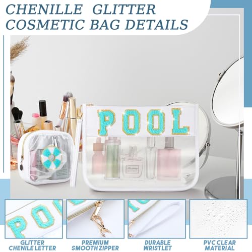 Hillban 2 Pcs Pool Bag Makeup Cosmetic Bag Clear Sunscreen Toiletry Zipper Pouch Beach Travel Summer Stuff Preppy Chenille Letter Patch Pouch PVC Waterproof Organizer Storage Mini Purse for Women - style: Pool Theme