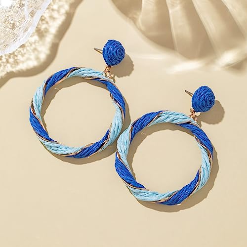 Boho Raffia Hoop Dangle Earrings Twisted - Statement Rattan Round Geometric Earrings For Summer Beach Vacation - color: BLUE